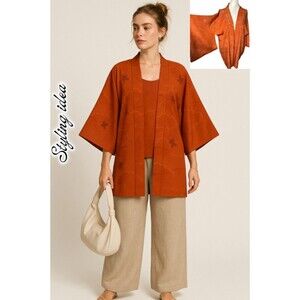 Modern Silk Kimono Jacket Haori Orange Japanese Layer Minimalist Wide Sleeve